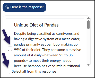 A screenshot displaying the generated results within the Design Assistant Accordion Builder. At the top, a badge reads "Here is the response:" above a scrollable window containing the AI-generated content. Inside the window, there is a heading titled "Unique Diet of Pandas" followed by a short paragraph explaining their bamboo consumption. Large purple arrows point to two specific checkboxes: one located directly to the left of the generated panda paragraph, and another located at the very bottom of the interface labeled "Select all from this response."