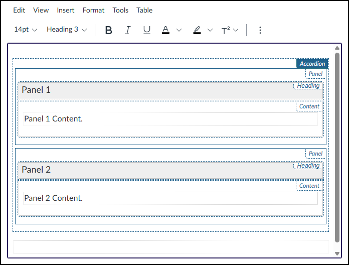 A screenshot of the Canvas Rich Content Editor displaying two newly inserted DesignPLUS Accordion panels. The panels are stacked vertically within the editor, each outlined by a blue dashed border with a small blue "Panel" badge in the top right corner. The first panel contains a grey header titled "Panel 1", a subheading labeled "Heading", and placeholder body text reading "Panel 1 Content." The second panel below it is similarly structured with a grey header titled "Panel 2", a subheading labeled "Content.", and placeholder body text reading "Panel 1 Content."