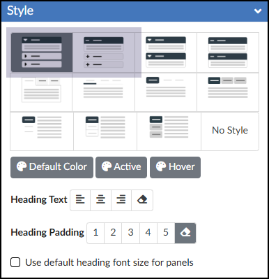 A screenshot of the Style panel for the Accordion tool within the DesignPLUS Sidebar. A grid displays various accordion layout options, with a highlighted box drawing attention to the top-left two styles to indicate their location. Below the style options are customization settings, including buttons for Default Color, Active, and Hover states, icons for Heading Text alignment, numbered buttons from 1 to 5 for Heading Padding, and a checkbox labeled "Use default heading font size for panels."