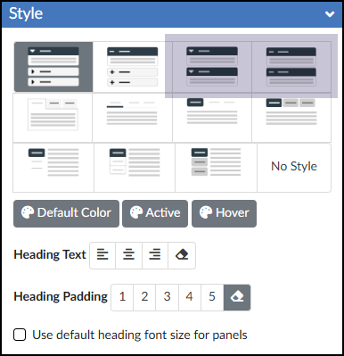 A screenshot of the "Style" panel within the DesignPLUS Sidebar, displaying a grid of various expander style options. A transparent purple box highlights two options on the top right of the grid, each showing two stacked horizontal panels with an icon and text. Below the style grid are buttons for Default Color, Active, and Hover, followed by Heading Text alignment icons, Heading Padding number buttons from 1 to 5, and a checkbox labeled "Use default heading font size for panels."