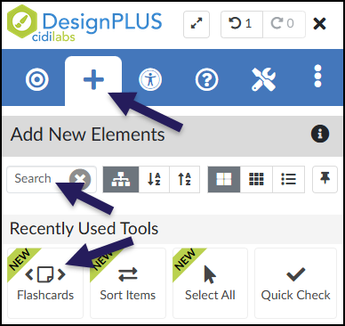A screenshot of the Cidi Labs DesignPLUS Sidebar illustrating how to locate the Flashcards tool. Three dark purple arrows highlight key navigation elements: the top arrow points to the 'Add New Elements' tab, represented by a plus sign icon. Below that, a second arrow points to a 'Search' text box, indicating an alternative way to search for the tool. A third arrow points to the 'Flashcards' button itself, which features a code bracket icon and a green 'NEW' sash, located in the 'Recently Used Tools' section.