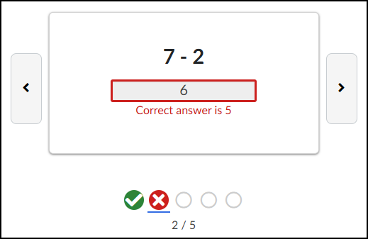 This screenshot shows an interactive math flashcard interface on a Canvas LMS content page, displaying the second card of five. The central flashcard features the arithmetic problem '7 - 2'. Below it, inside a text input field outlined in red, the user has entered '6'. A feedback message in red text directly beneath the field provides the correct information: 'Correct answer is 5'. Large, light-grey buttons with chevron arrows are positioned on the left and right sides of the main flashcard area for navigating between cards. Progress and results are tracked below the card with a row of icons: a green checkmark circle for a previous correct answer, a red 'X' circle with a distinct blue underline beneath it (indicating the current incorrect card), and three subsequent empty grey-outlined circles representing future, unanswered cards. The text '2 / 5' is centered at the bottom, confirming the current position in the stack.