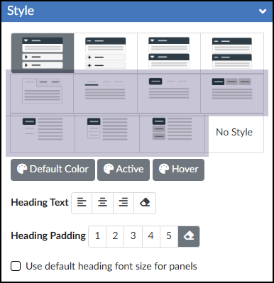 A screenshot of the Style panel for the Tabs tool within the DesignPLUS Sidebar, displaying a grid of layout options. A light purple overlay highlights a group of seven tab styles across the middle and bottom rows to indicate their location within the grid. Below the style options are customization buttons for Default Color, Active, and Hover states, followed by Heading Text alignment icons, Heading Padding numbered buttons from 1 to 5, and a checkbox at the bottom labeled "Use default heading font size for panels."
