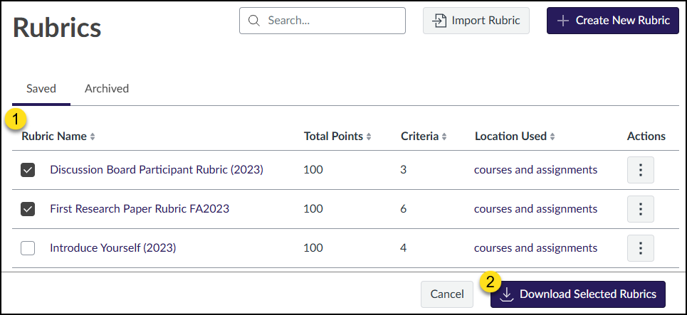 This screenshot of the Canvas Rubrics page demonstrates the process for downloading multiple rubrics simultaneously. In the list of saved rubrics, the checkboxes next to "Discussion Board Participant Rubric (2023)" and "First Research Paper Rubric FA2023" are selected. The "Download Selected Rubrics" button at the bottom right of the screen is then highlighted, indicating the final step to download the chosen rubrics to the user's computer.
