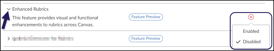 A screenshot from the Canvas LMS shows a list of "Feature Options." The first item, "Enhanced Rubrics," has a dark purple arrow pointing to its expand icon and is described as providing "visual and functional enhancements to rubrics across Canvas." A "Feature Preview" label is next to it. On the far right, a red X icon has a dropdown menu open, showing options for "Enabled" and "Disabled," with a checkmark next to "Disabled." Below it, a second feature item is blurred out and illegible, but it also has a dark purple arrow, a "Feature Preview" label, and a red X icon on the right.