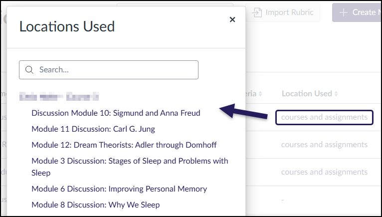A screenshot from the Canvas LMS showing the rubric list view. A pop-up window titled "Locations Used" is open, triggered by selecting the "courses and assignments" link in the "Location Used" column for a specific rubric. This window contains a search field and displays a list of several assignments where the rubric is currently in use, including "Discussion Module 10: Sigmund and Anna Freud," "Module 11 Discussion: Carl G. Jung," "Module 12: Dream Theorists," and other discussions related to sleep and memory.