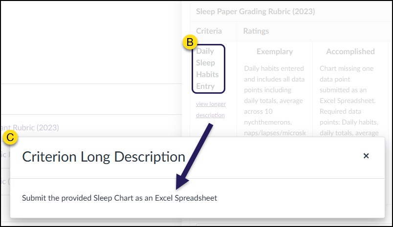 A screenshot of the "Sleep Paper Grading Rubric (2023)" in the Canvas LMS features yellow labels identifying key interface elements. Label B marks the "Daily Sleep Habits Entry" criterion, which is outlined in purple. A directional arrow points from the "view longer description" link to a pop-up window marked by Label C; the window is titled "Criterion Long Description" and contains the text "Submit the provided Sleep Chart as an Excel Spreadsheet".