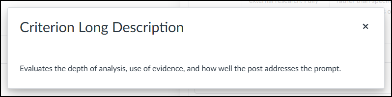 A pop-up window titled 'Criterion Long Description.' The content area displays the definition: 'Evaluates the depth of analysis, use of evidence, and how well the post addresses the prompt.'