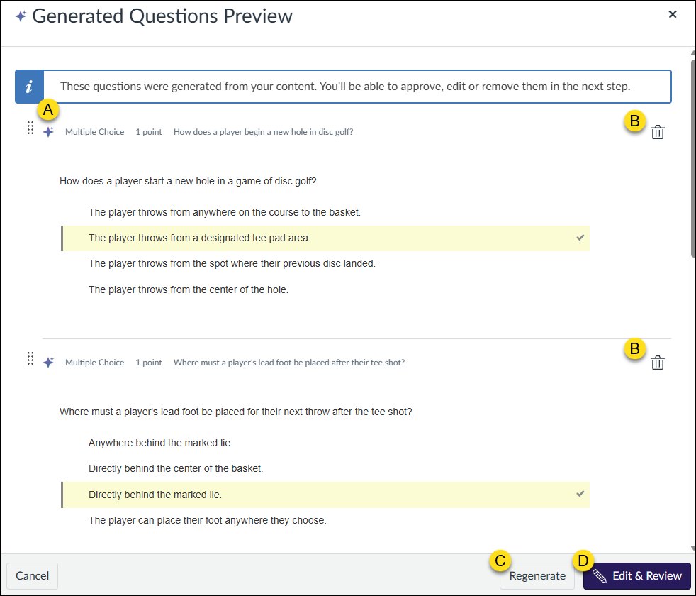The "Generated Questions Preview" window displays a list of multiple-choice questions created by IgniteAI. Label A points to the purple sparkle icon next to the text "Multiple Choice," indicating the question was AI-generated. Label B highlights the trash can icon located on the far right of each question card, which allows the user to delete that specific question. At the bottom right of the window, Label C marks the "Regenerate" link, and Label D points to the "Edit & Review" button.