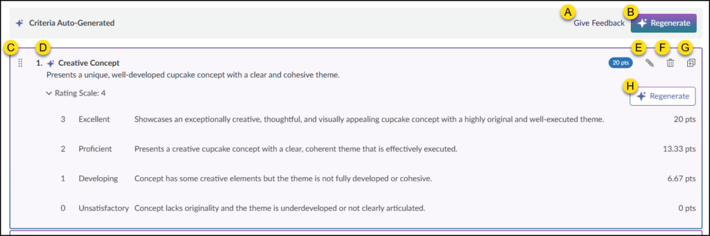 A screenshot of the Canvas interface displaying auto-generated rubric criteria. The header "Criteria Auto-Generated" is followed by top-level controls in the upper right: a "Give Feedback" link labeled A and a global purple "Regenerate" button labeled B. Below this is a detailed criterion box for "1. Creative Concept," labeled D, which includes a description and a drag handle icon labeled C on the far left. The top right of this specific criterion box holds action icons: a pencil icon for edit labeled E, a trash can icon for delete labeled F, and a duplicate icon labeled G. The lower section of the box displays an expanded rating scale with four levels (Excellent, Proficient, Developing, Unsatisfactory) along with their descriptions and point values. A specific "Regenerate" button for just this rating scale section is labeled H on the right side.
