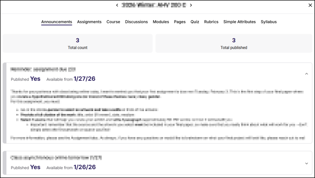 A screenshot of the "Announcements" tab within the Simple Syllabus Prep Step interface. The top navigation bar highlights "Announcements" alongside other tabs like Assignments, Course, and Discussions. Below the header, two summary cards display "3 Total count" and "3 Total published". The main content area lists announcements; the first item is expanded, showing a "Published Yes" status, an "Available from 1/27/26" date, and the body content of the announcement, while a second collapsed item below shows "Published Yes" with an availability date of "1/26/26".