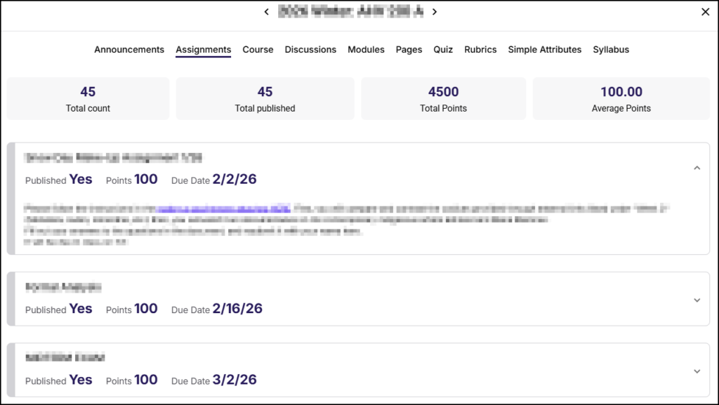 A screenshot of the "Assignments" tab within the Simple Syllabus Prep Step interface. The "Assignments" tab is highlighted in the top navigation bar among other course sections. Below the navigation, four summary statistics cards are displayed: "45 Total count," "45 Total published," "4500 Total Points," and "100.00 Average Points". A list of assignments follows underneath. The first assignment item is expanded, showing a blurred title, details reading "Published Yes," "Points 100," "Due Date 2/2/26," and a blurred description containing a link. Below it are two collapsed assignment items, both showing "Published Yes" and "Points 100," with due dates of "2/16/26" and "3/2/26" respectively.