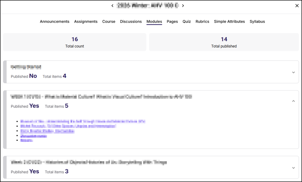 A screenshot of the "Modules" tab within the Simple Syllabus Prep Step interface, where the "Modules" link is active in the top navigation bar. Above the content list, two summary cards indicate "16 Total count" and "14 Total published". Below these cards is a list of module items: the first item is collapsed, showing a blurred title with status "Published No" and "Total items 4"; the second item is expanded, showing a blurred title with status "Published Yes," "Total items 5," followed by a bulleted list of five blurred content items; the third item is collapsed, showing a blurred title with status "Published Yes" and "Total items 3".