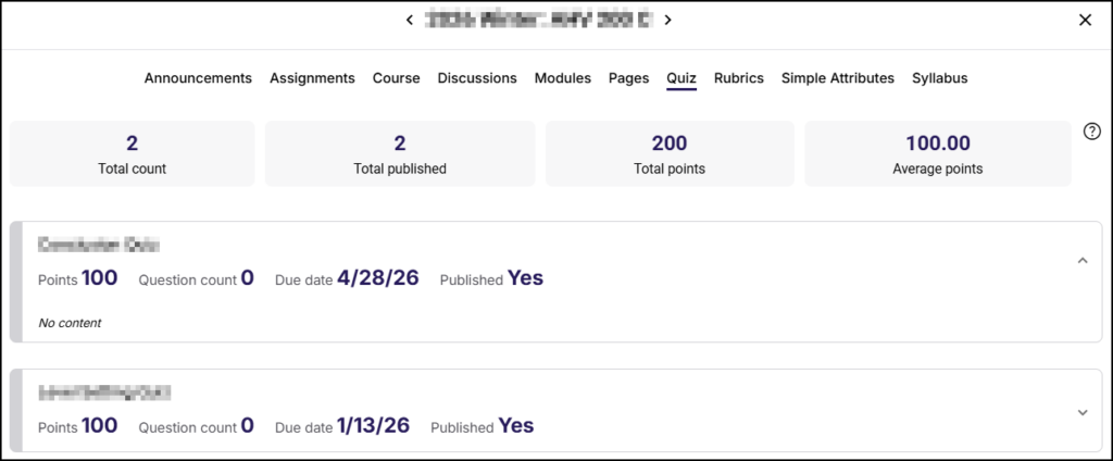 A screenshot of the "Quiz" tab within the Simple Syllabus Prep Step interface, where the "Quiz" link is active in the top navigation bar. Below the navigation, four summary statistics cards are displayed: "2 Total count," "2 Total published," "200 Total points," and "100.00 Average points". A list of quiz items follows underneath; the first item is expanded, showing a blurred title, details reading "Points 100," "Question count 0," "Due date 4/28/26," "Published Yes," and the body text "No content". Below it is a second, collapsed quiz item showing a blurred title with details "Points 100," "Question count 0," "Due date 1/13/26," and "Published Yes".