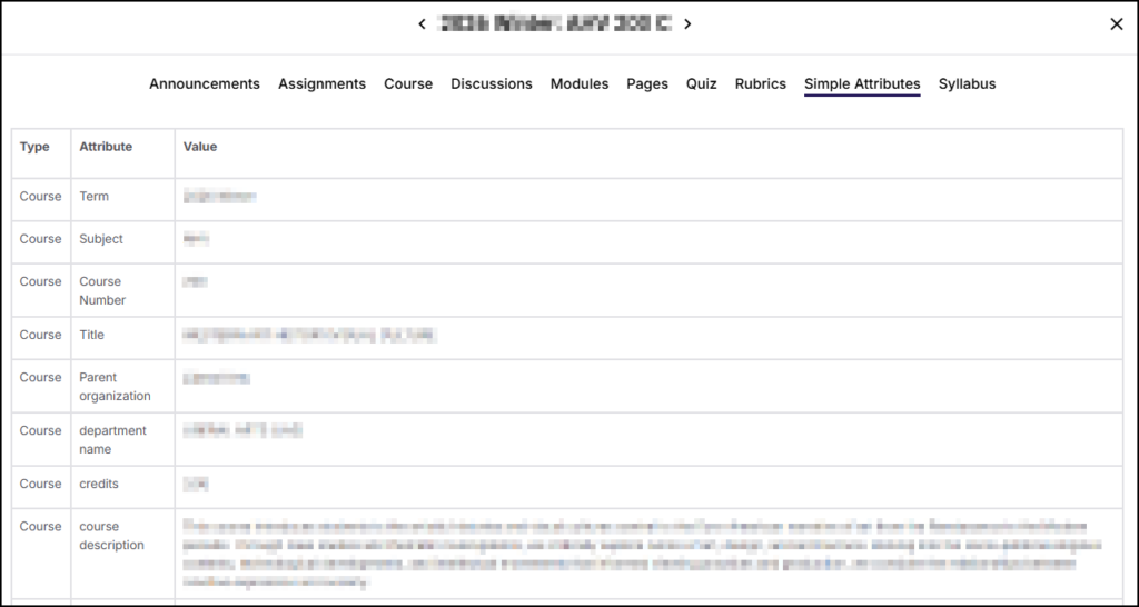 A screenshot of the "Simple Attributes" tab within the Simple Syllabus Prep Step interface. The "Simple Attributes" tab is selected in the top navigation menu. The content area displays a table with three columns labeled "Type," "Attribute," and "Value". The table lists rows for "Term," "Subject," "Course Number," "Title," "Parent organization," "department name," "credits," and "course description," but all specific data entries within the "Value" column are blurred out and illegible.