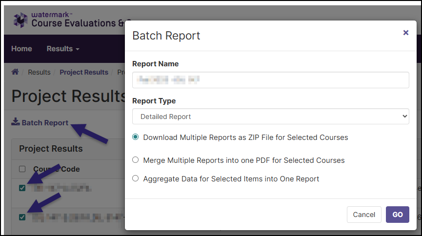 A screenshot of the "Batch Report" pop-up window within the Watermark "Project Results" interface. Purple arrows indicate the "Batch Report" link, which has triggered the pop-up, and the checkboxes next to two course rows in the background table, showing they have been selected for this action. The "Batch Report" window itself contains a "Report Name" field with blurred text and a "Report Type" dropdown menu currently set to "Detailed Report." Below the dropdown are three radio button options: "Download Multiple Reports as ZIP File for Selected Courses" (which is currently selected), "Merge Multiple Reports into one PDF for Selected Courses," and "Aggregate Data for Selected Items into One Report." The window also includes "Cancel" and purple "GO" buttons at the bottom right.