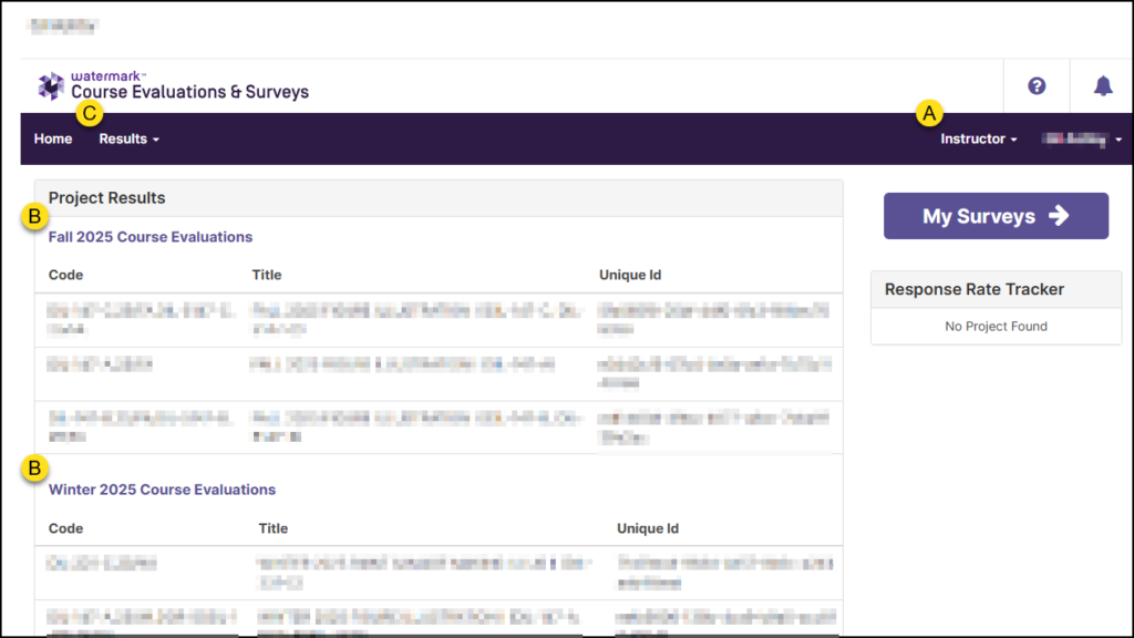 A screenshot of the Watermark Course Evaluations & Surveys dashboard with three yellow lettered labels highlighting specific interface elements. Label A points to the user role dropdown menu in the top right corner, which is currently set to "Instructor." Label B identifies the project headers within the main "Project Results" table, separating the list into "Fall 2025 Course Evaluations" and "Winter 2025 Course Evaluations." Label C marks the "Results" tab in the top purple navigation bar. The dashboard also features a table with blurred course data under columns for Code, Title, and Unique Id, as well as a "My Surveys" button and a Response Rate Tracker widget in the right sidebar.