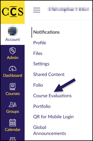 A screenshot of the Canvas learning management system interface, showing the global navigation menu on the left with the "Account" icon selected. This action has opened a pop-out menu containing a list of links including Profile, Files, and Settings. A prominent purple arrow points directly to the "Course Evaluations" link within this list, indicating its location for instructors.