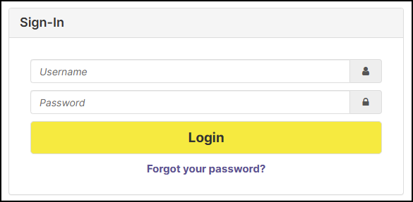 A screenshot of the sign-in screen for the Watermark Course Evaluations & Surveys interface, as presented within the Canvas LMS. The form is titled "Sign-In" and features two input fields: one labeled "Username" with a user icon, and another labeled "Password" with a lock icon. A large, prominent yellow "Login" button is centered below the fields, followed by a purple "Forgot your password?" link.