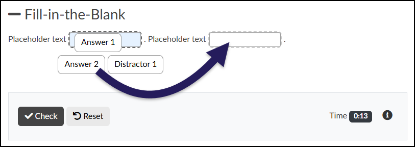 A screenshot of a "Fill-in-the-Blank" interactive question on a Canvas content page, where possible answers and distractors can be dragged into blanks. Below the heading "— Fill-in-the-Blank," a sentence structure displays: "Placeholder text" followed by a blank with a dotted border containing the text "Answer 1", and ". Placeholder text" followed by a second, empty dotted blank. Below this, a bank of draggable rectangular options is available, currently showing "Answer 2" and "Distractor 1". A prominent purple arrow illustrates the action of dragging an item from this bank towards the empty second blank. The lower interaction area features control buttons for "Check" and "Reset", along with a digital timer showing "Time 0:13" and an information icon.