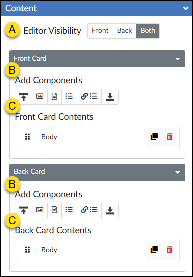A screenshot displays the Content panel for the DesignPLUS "Flip Cards" tool. A control at the top, indicated by a yellow callout 'A', is labeled "Editor Visibility" and contains a segmented button group with options: "Front", "Back", and "Both", where "Both" is selected. Below this control are two expandable grey header sections, "Front Card" and "Back Card". Labeled with callout 'B' inside both the Front and Back Card sections is the text "Add Components" followed by a toolbar with six distinct icons for selecting new content elements. Labeled with callout 'C' below the toolbar in both card sections are areas titled "Front Card Contents" and "Back Card Contents", each featuring an editable "Body" component block that includes a drag handle, a duplicate icon, and a delete icon.