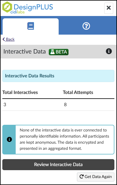 A single screenshot of the DesignPLUS Sidebar displaying the 'Interactive Data Results' screen. The standard DesignPLUS header and navigation tabs are visible at the top, along with a 'Back' link. The main content area features a light blue banner titled 'Interactive Data Results.' Below this banner, a simple table displays two metrics: 'Total Interactives,' showing a value of 3, and 'Total Attempts,' showing a value of 8. Following the table is an information box with a teal left border and an 'i' icon, containing text that reads: 'None of the interactive data is ever connected to personally identifiable information. All participants are kept anonymous. The data is encrypted and presented in an aggregated format.' At the bottom, there is a dark grey 'Review Interactive Data' button and a smaller 'Get Data Again' button with a refresh icon.