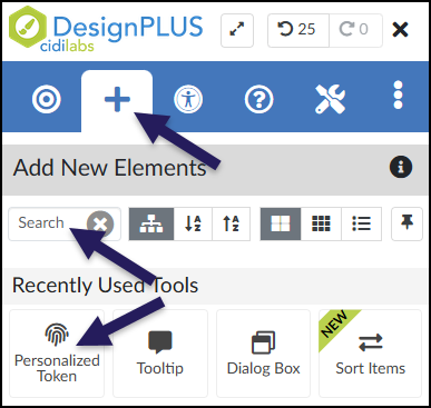 A screenshot of the DesignPLUS Sidebar interface in the Canvas LMS, illustrating the path to locate the "Personalized Token" tool. In the main blue navigation bar at the top, a purple arrow points to the "+" icon, representing the "Add New Elements" tab. Below this, in the "Add New Elements" panel, a second purple arrow points to the "Search" input field. A third, separate purple arrow points down to the "Personalized Token" button, which features a fingerprint icon and is located in the "Recently Used Tools" section.