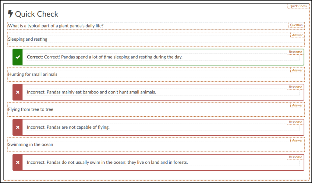 A screenshot displays the editing interface for a DesignPLUS-created Quick Check within Canvas LMS, containing a multiple-choice question about panda bear behavior. The section is introduced by a "Question" label followed by the text, "What is a typical part of a giant panda's daily life?". This is followed by four distinct pairs of "Answer" and "Response" blocks. The first block pair contains the answer text "Sleeping and resting" and the response block text "Correct: Correct! Pandas spend a lot of time sleeping and resting during the day." The remaining three incorrect answers and their associated responses follow: the answer "Hunting for small animals" with the response "Incorrect. Pandas mainly eat bamboo and don't hunt small animals."; the answer "Flying from tree to tree" with the response "Incorrect. Pandas are not capable of flying."; and the final answer "Swimming in the ocean" with the response "Incorrect. Pandas do not usually swim in the ocean; they live on land and in forests."