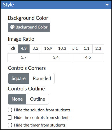 A screenshot of the 'Style' options panel for the 'Select All' tool within the DesignPLUS Sidebar in Canvas LMS. The panel features a blue title bar and presents multiple customization sections. The 'Background Color' section includes a button with a color palette icon. The 'Image Ratio' section displays a grid of selectable aspect ratios, with the '4:3' ratio and an initial icon currently highlighted in dark gray as selected. Other ratios shown are 3:2, 16:9, 10:3, 5:1, 1:1, 2:3, 5:7, 3:4, and 4:5. 'Controls Corners' features a selection for 'Square' or 'Rounded', with 'Square' selected. 'Controls Outline' features a selection for 'None' or 'Outline', with 'None' selected. At the bottom, three unchecked checkboxes are listed for hiding the solution, controls, or timer from students.