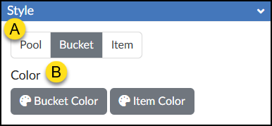 A screenshot of the expandable "Style" panel from the DesignPLUS Sidebar within the Canvas LMS. At the top, labeled area "A" points to a segmented control bar with three buttons: "Pool", "Bucket", and "Item"; the "Bucket" button is highlighted dark gray and selected. Below this, labeled area "B" points to the "Color" section header. Underneath this header are two dark gray buttons with palette icons; the first is labeled "Bucket Color" and the second is "Item Color".