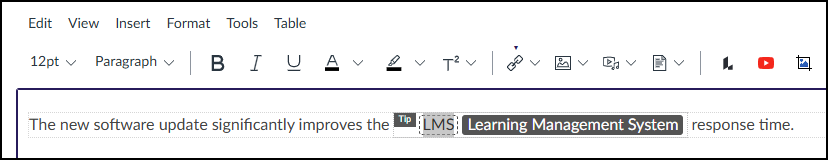 A screenshot of the Canvas Rich Content Editor toolbar positioned above an editable text region showing a DesignPLUS tooltip implementation. The visible sentence reads, "The new software update significantly improves the" followed by a small label "Tip," the highlighted trigger word "LMS" enclosed in dotted borders, and a black box containing the definition text, "Learning Management System," inserted directly after. The sentence concludes with "response time."