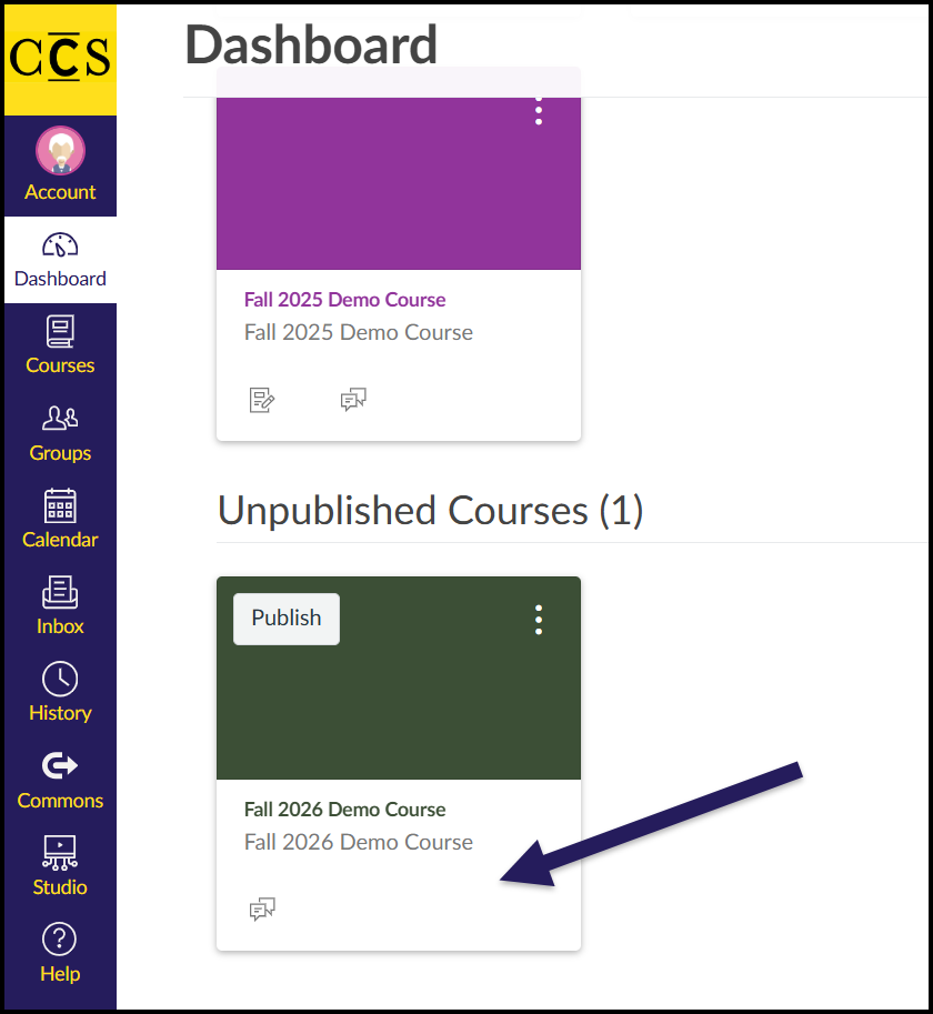 An arrow indicating a course on the Canvas dashboard