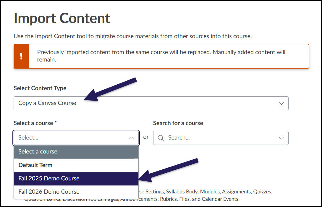 Arrows indicating the Copy a Canvas Course and Select a course fields