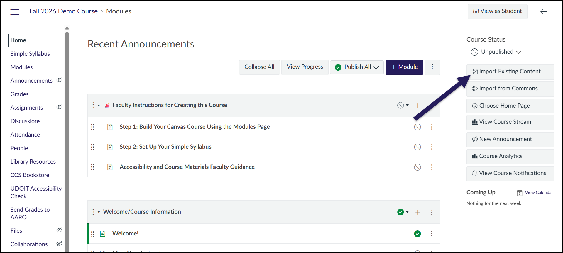 An arrow indicating the Import Existing Content button on a Canvas homepage