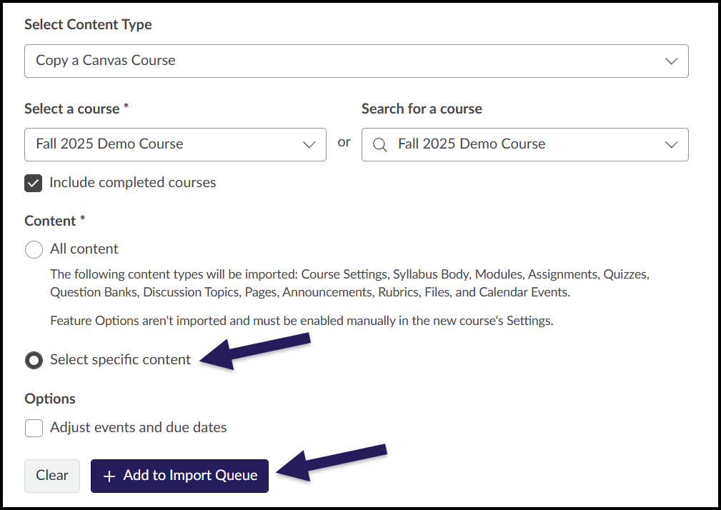 Select specific content option in Canvas import indicated