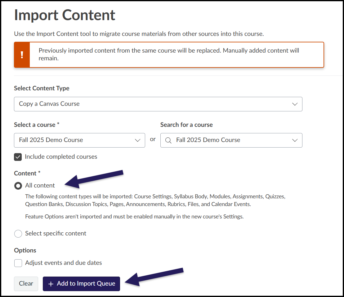 Import all content selected