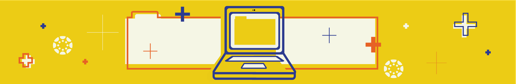 Yellow banner featuring an illustration of a laptop computer centered on the background, representing technology resources.