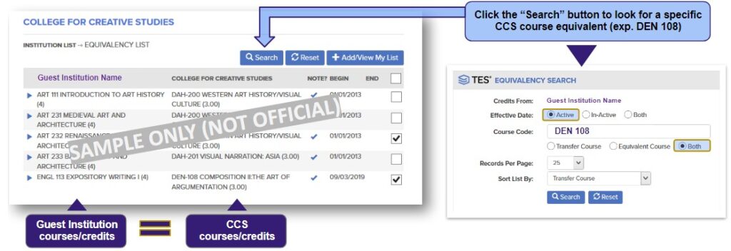 Click the search button to look for a specific CCS course equivalent (example: DEN 108). Guest Institution courses will be listed side by side with CCS courses and credits.