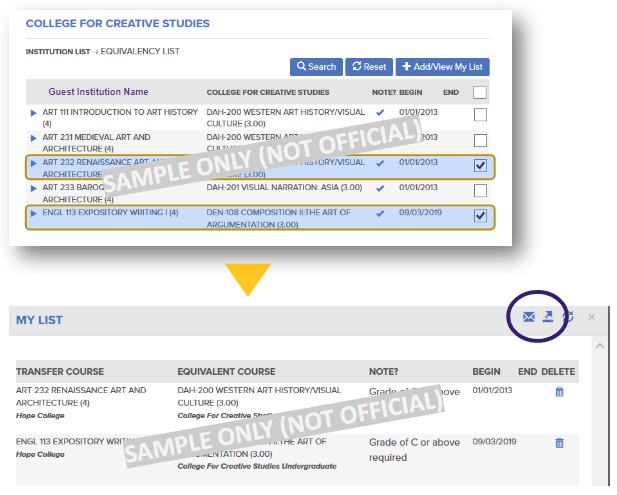 Sample image of the Equivalency List with two courses selected followed by a sample image of the "My List" view where the email button can be found.