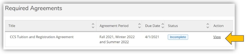 View the status of agreements assigned to your account. Click "View" to read and accept your agreement.