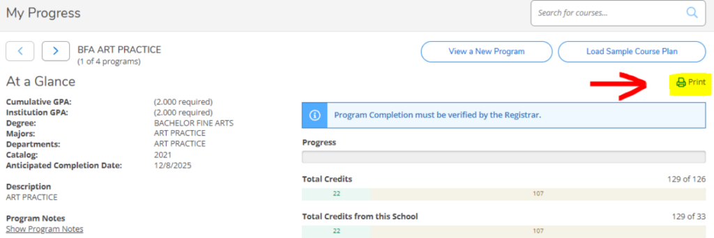 An example of the "My Progress" view with the Print icon highlighted near the top right corner of the image.