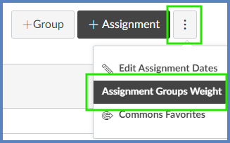 Select the "Assignment Settings" (3-dot kebab icon) on the upper right corner of your screen.  Then, select "Assignment Groups Weight".