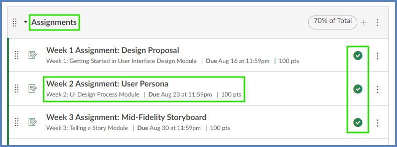 Verify that your assignments are in the appropriate assignment groups and that assignments are published (with the green checkmark icon).