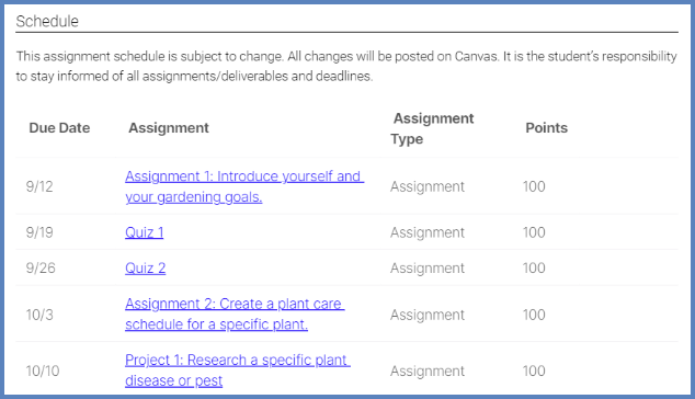 Assignments from your Canvas "Assignments" index page will appear within the "Schedule" section of your Simple Syllabus document.