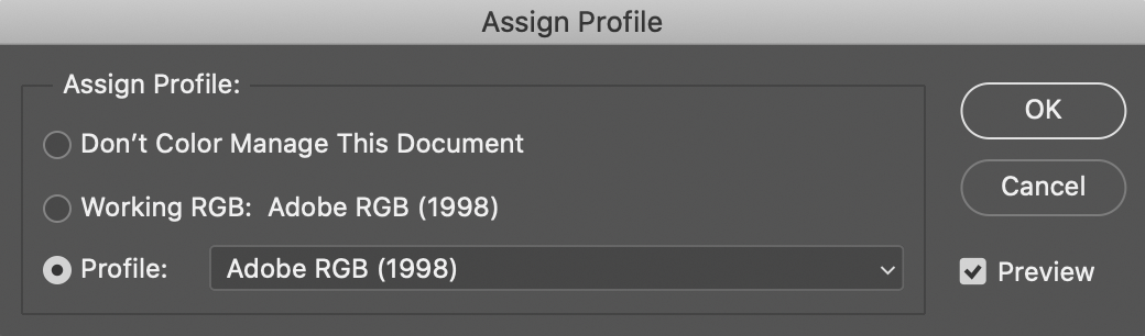 Photoshop - Assign Profile. Adobe RGB